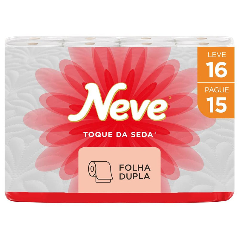 Neve Papel Higiênico Toque de Seda Folha Dupla, 30m, Leve 16 Pague 15 Rolos