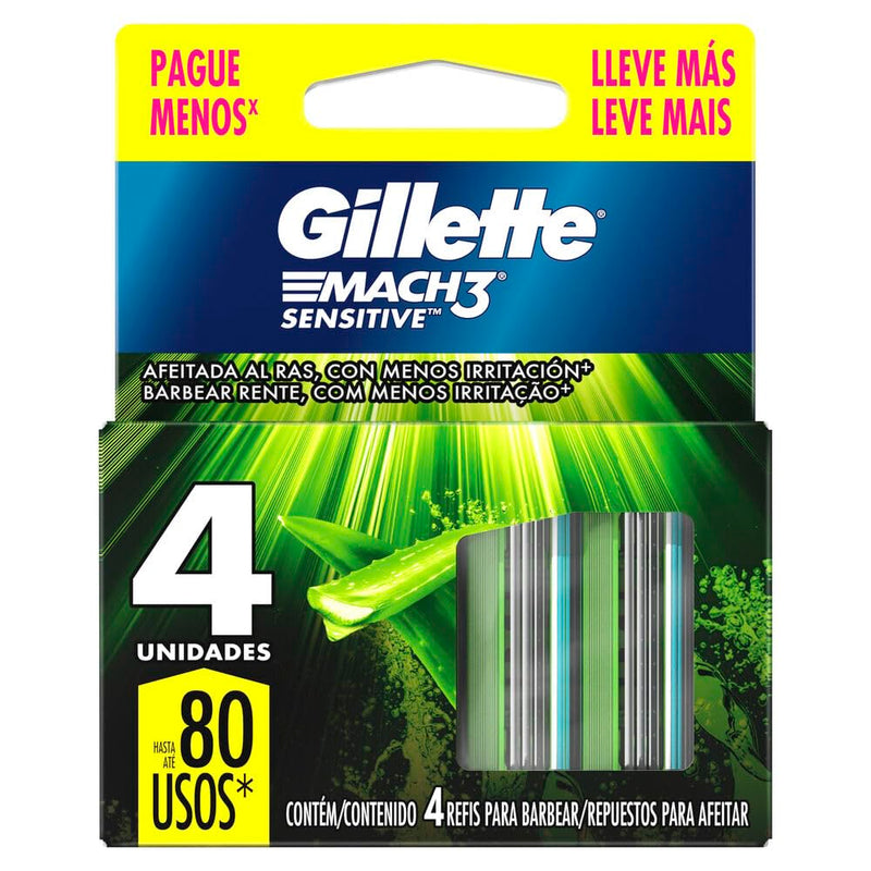 Gillette Mach3 Sensitive Carga para Aparelho de Barbear Recarregável Com Aloe & Vitamina E, Ideal para Peles Sensíveis, 4 Uds