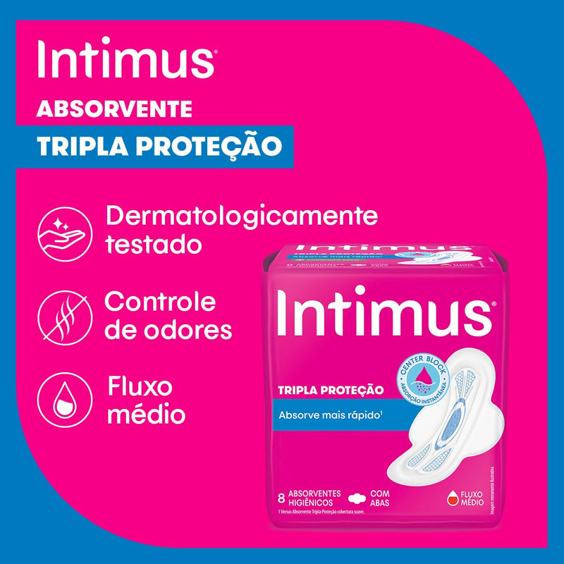 Intimus Absorvente Externo, Tripla Proteção Seca com Abas, 32 unidades, rosa