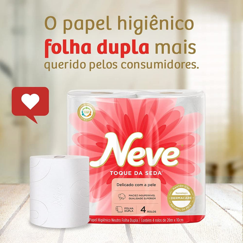 Neve Papel Higiênico Toque de Seda Folha Dupla, 30m, Leve 16 Pague 15 Rolos