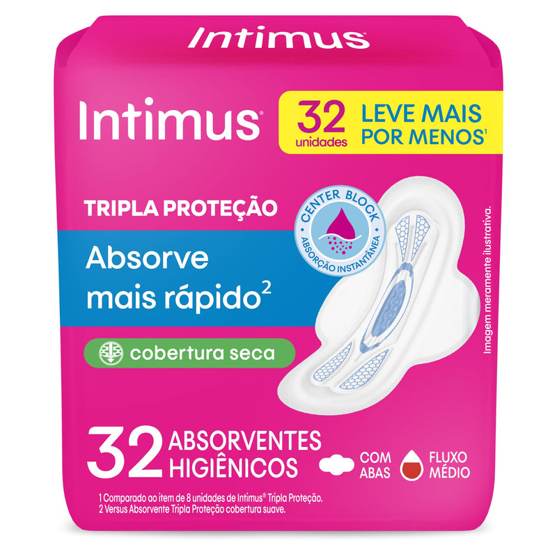 Intimus Absorvente Externo, Tripla Proteção Seca com Abas, 32 unidades, rosa