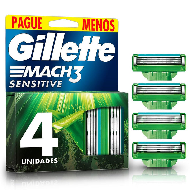 Gillette Mach3 Sensitive Carga para Aparelho de Barbear Recarregável Com Aloe & Vitamina E, Ideal para Peles Sensíveis, 4 Uds