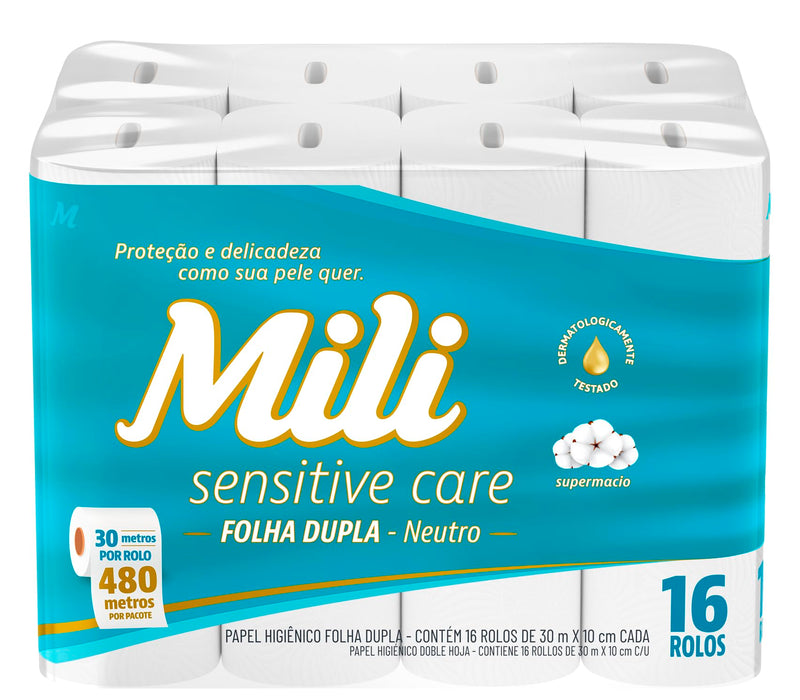 Mili Papel Higiênico Sensitive Care 30m Folha Dupla Neutro -16 rolos